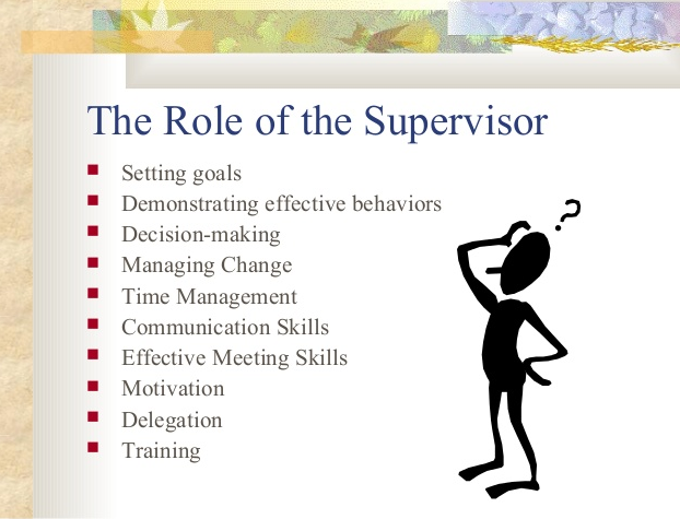 role of the supervisor setting goals, demonstrating effective behaviors, decision-making, managing change, time management, communication skills, effective meeting skills, motivation, delegation, training